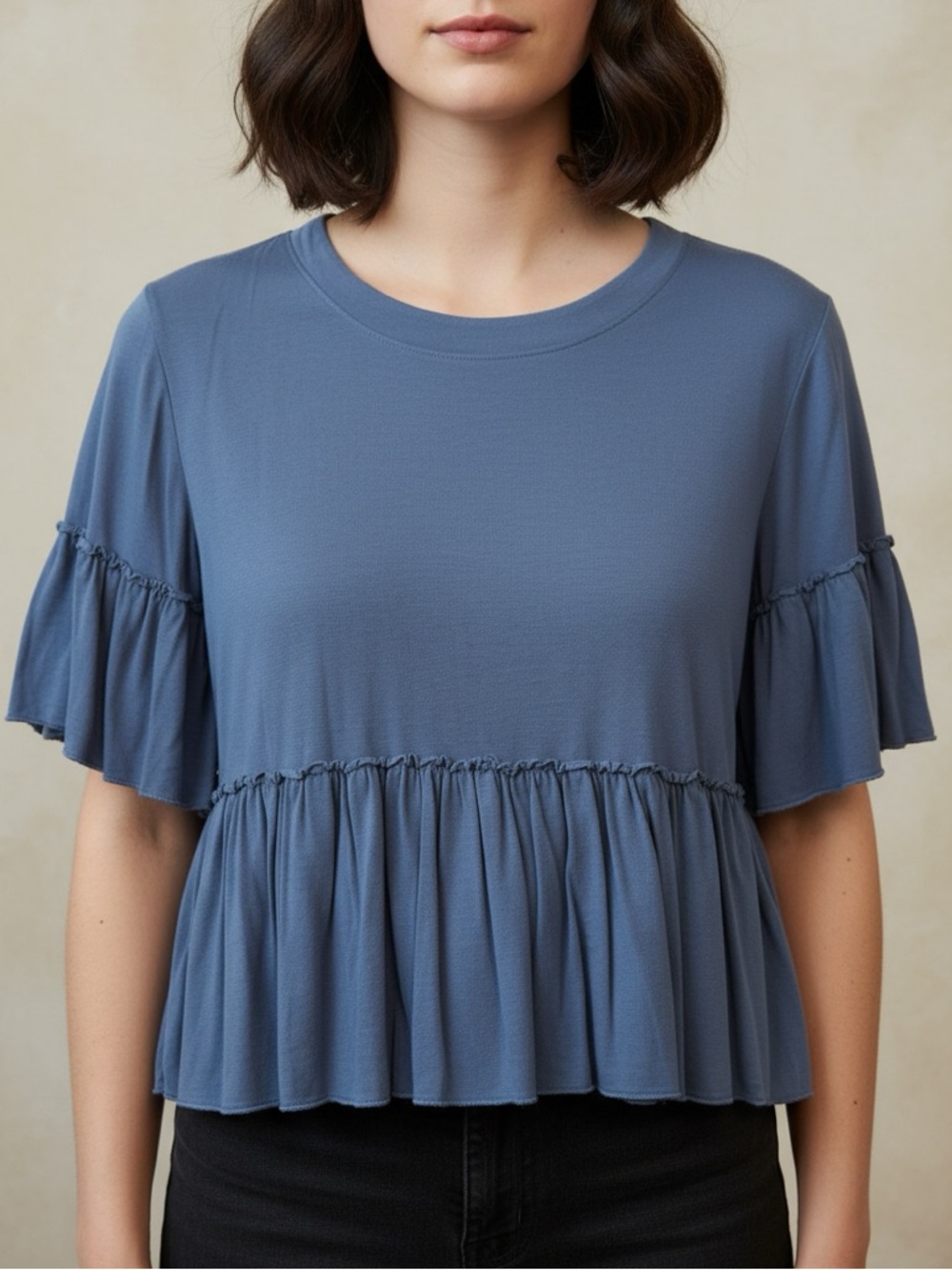 Originality Ruffled Short-Sleeve Cropped Peplum Top - Dusty Blue